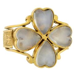 Vintage Hand Carved Heart Moonstone 4 Leaf Clover Ring