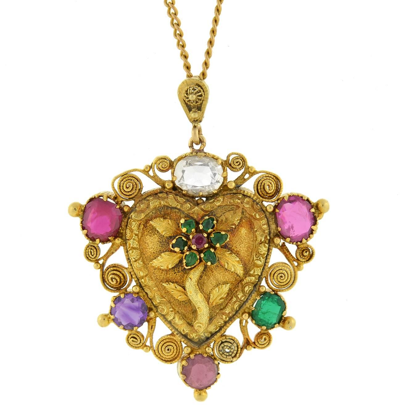Victorian "REGARD" Gemstone Floral Heart Necklace