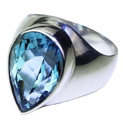 Handmade Long Pear Shape Bright Blue Topaz Bezel Set in Sterling Silver Ring 2