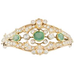 Antique Emerald Diamond Gold Bangle Bracelet