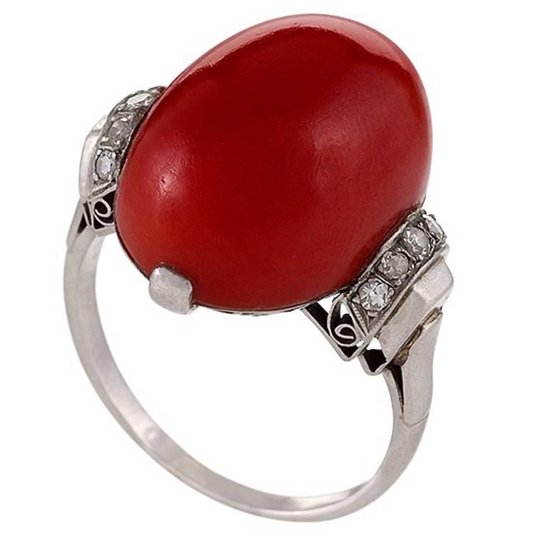 French 1920s Art Deco Red Coral, Diamond and Platinum Ring