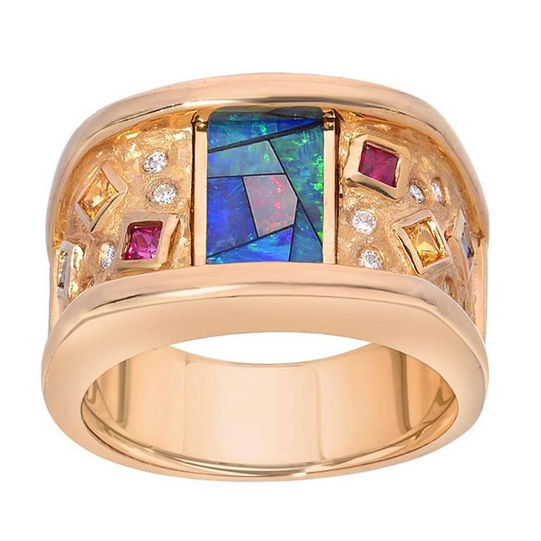 Estate Inlay-Opal Diamond Ruby Sapphire Gold Ring For Sale