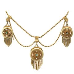 1880s 0.24 Carat Emerald and Opal, 15k Yellow Gold, Three Locket Necklace 6