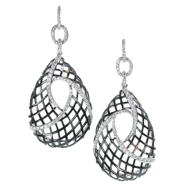 A. Link Diamond and 18 Karat Gold Woven Drop Earrings For Sale
