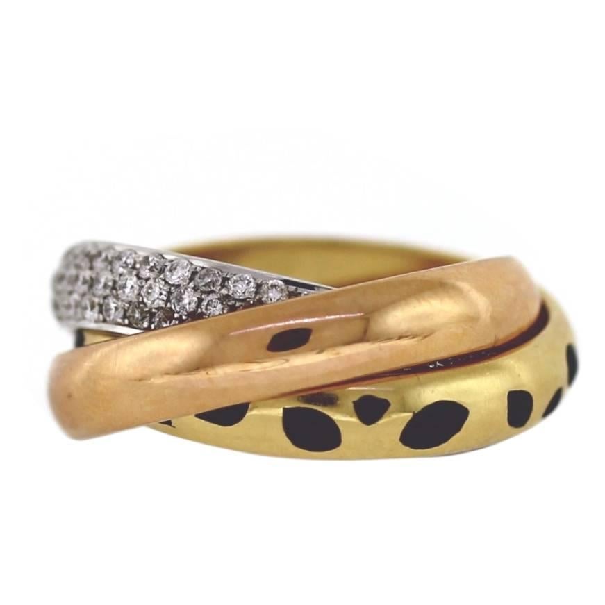 Cartier Roll Ring 3 Tone 18k Gold Pave Diamonds and Enamel