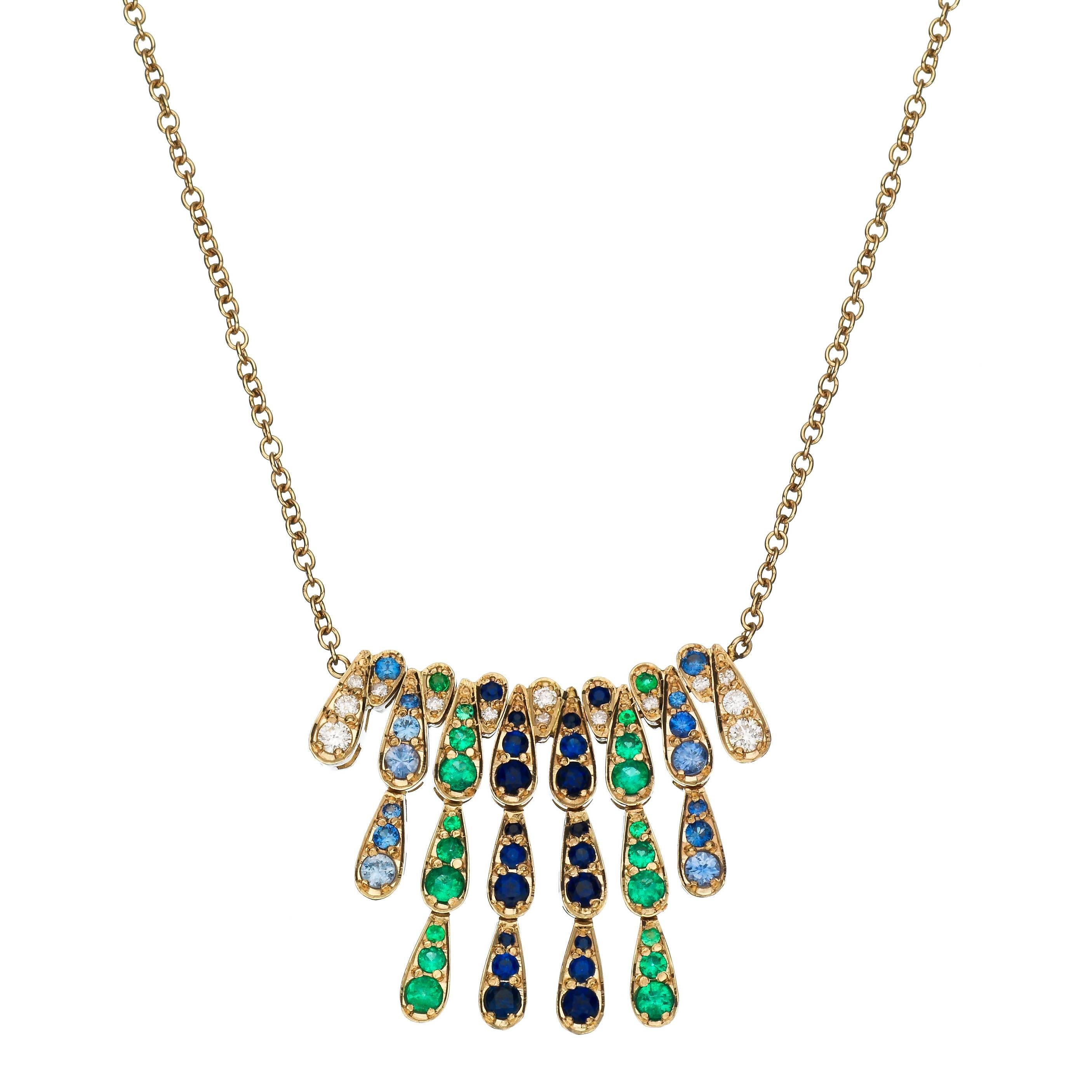Sabine Getty White Gold Harlequin Necklace with Emerald, Diamond & Blue Sapphire For Sale