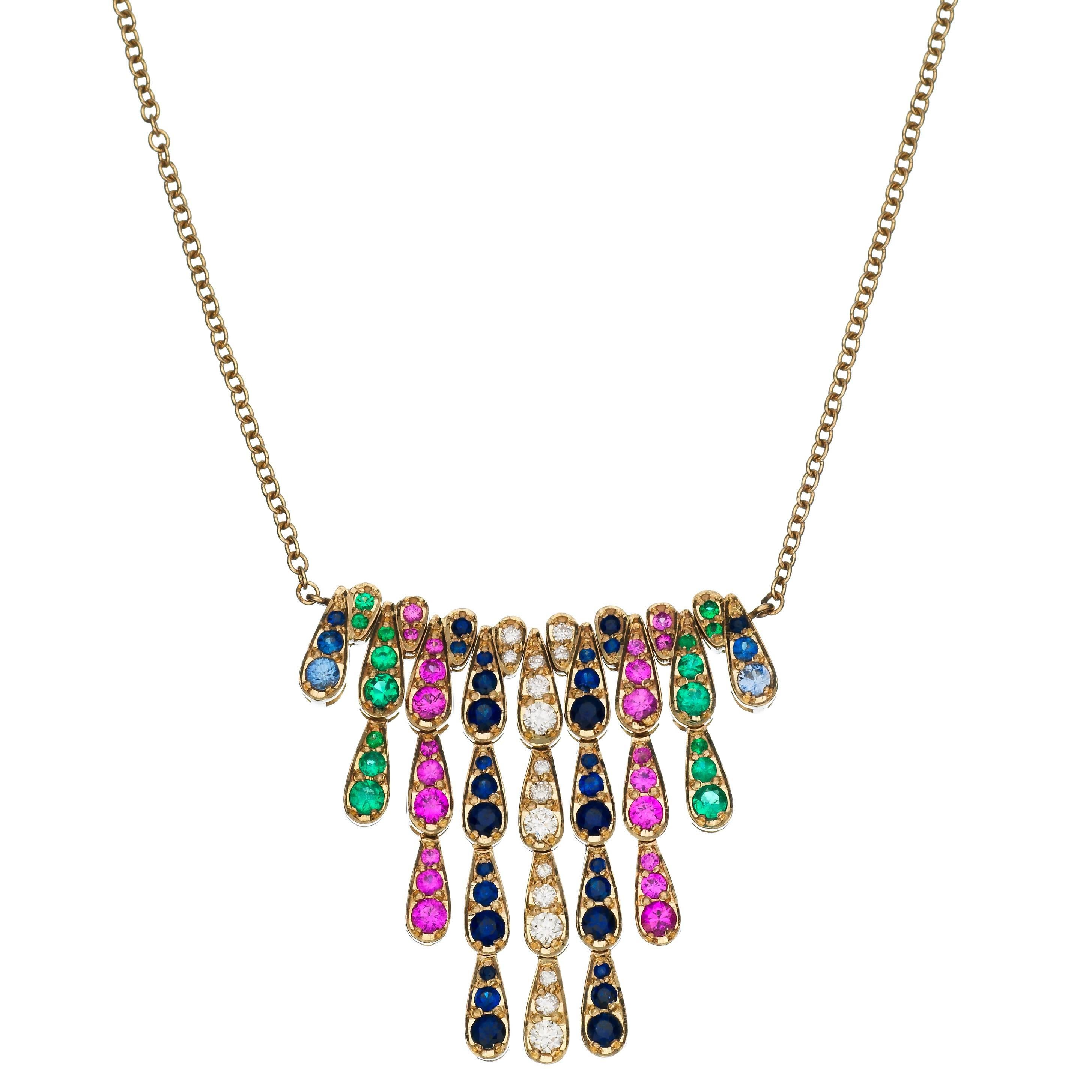 Sabine Getty Harlequin White Gold Necklace in Sapphire, Diamond and Emerald For Sale