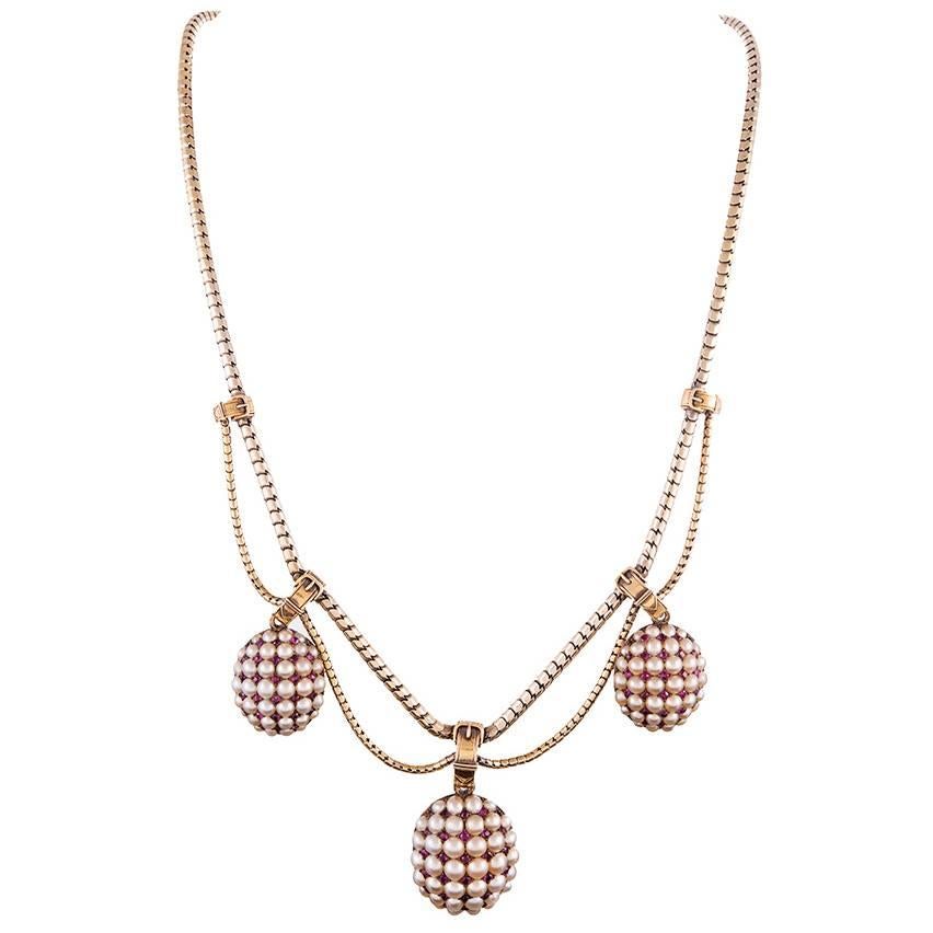 Victorian Triple Locket Ruby Pearl Necklace 
