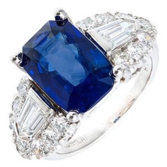 Art Deco 5.28 Carat Emerald Cut Sapphire Diamond Platinum Engagement Ring
