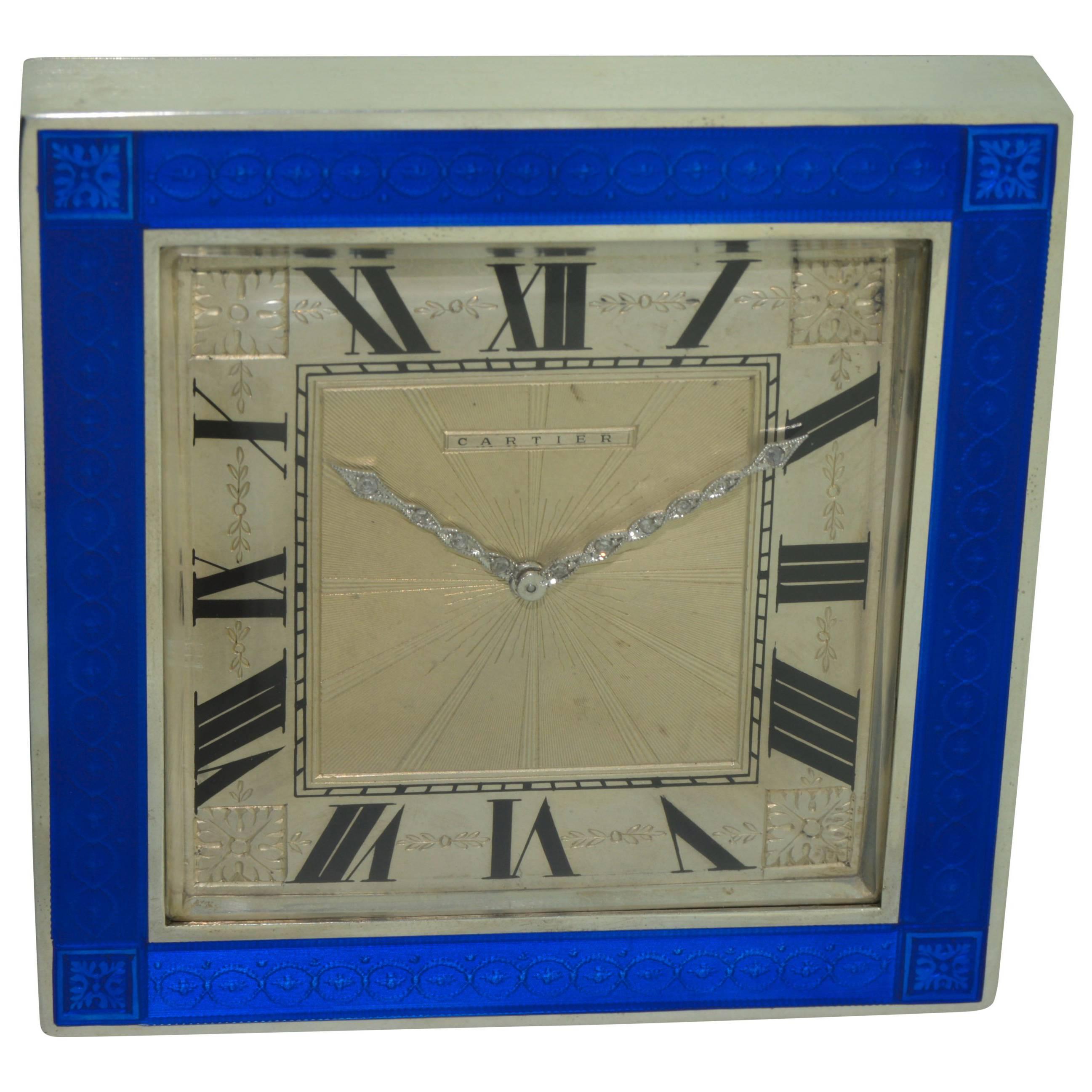 Cartier Sterling Silver Art Deco Enamel Desk Clock, 1930s 