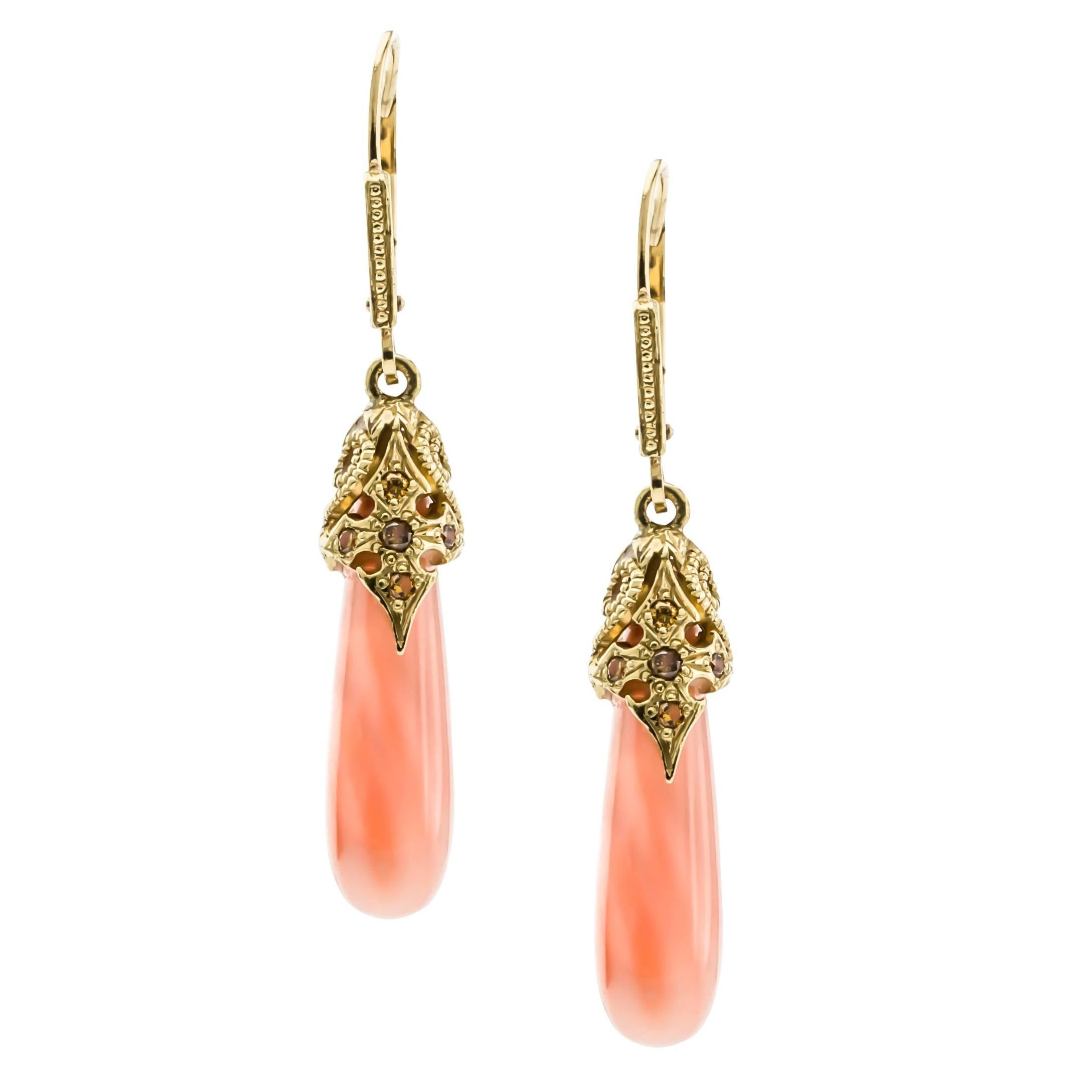 Pampillonia Pink Coral Orange Diamond Gold Drop Earrings