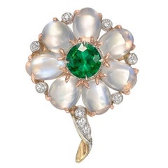 Emerald, Moonstone and Diamond Flower Pin