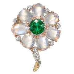 Emerald, Moonstone and Diamond Flower Pin 4