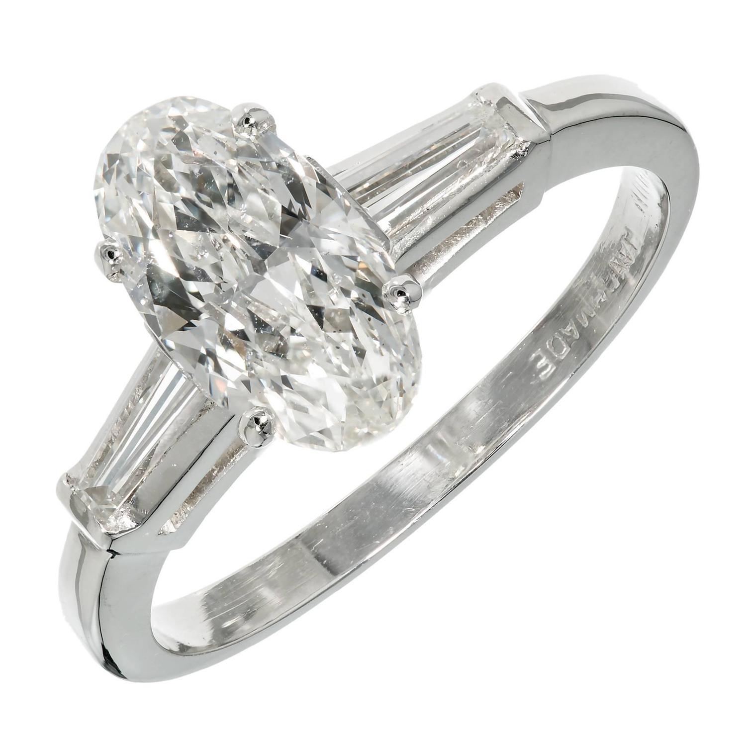 Old European Oval Diamond Baguette Platinum Engagement Ring For Sale at 1stdibs
