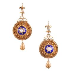 Antique Fine Victorian Drop Earrings with Enamel Pearl Star Motif