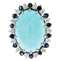 Oval Turquoise Sapphire Diamond Halo Gold Cocktail Ring 4