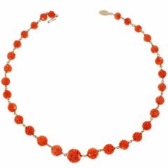 Natural Carved Orange Coral Gold Necklace 3