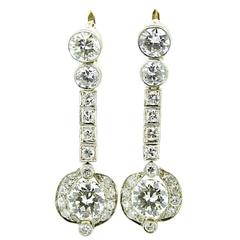 Art Deco 8 Carat White Diamond Yellow Gold Dangle Earrings