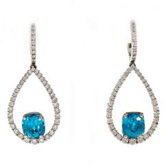 Teal Blue Zircon Diamond Dangle Gold Earrings 2