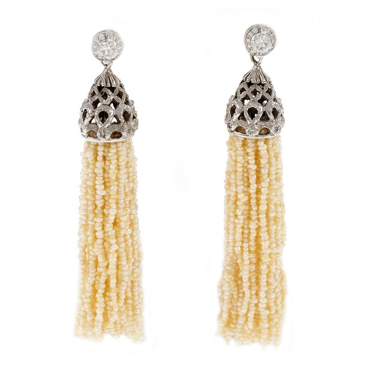 1.00 Carat Diamond Natural Seed Pearl Tassel Dangle Drop Gold Earrings For Sale