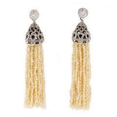 1.00 Carat Diamond Natural Seed Pearl Tassel Dangle Drop Gold Earrings