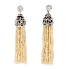 Diamond Natural Seed Pearl Tassel Dangle Gold Earrings 9