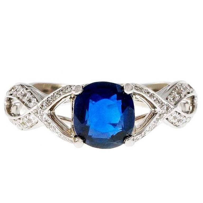 1.25 Carat Cushion Cut Royal Blue Sapphire Diamond Gold Engagement Ring