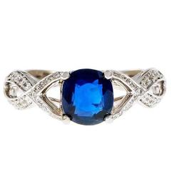 1.25 Carat Cushion Cut Royal Blue Sapphire Diamond Gold Engagement Ring 1