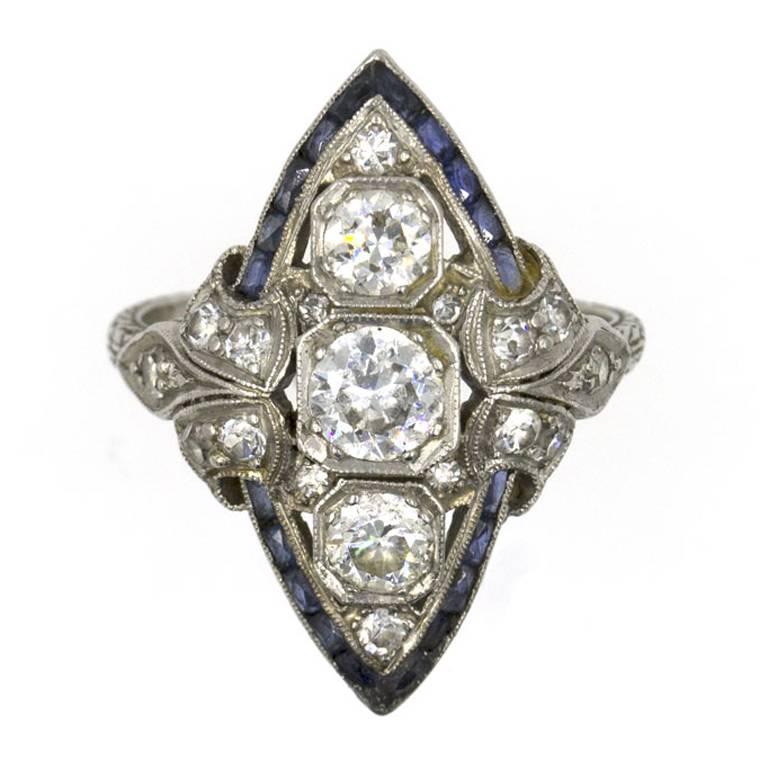Art Deco Diamond Sapphire Platinum Cocktail Ring
