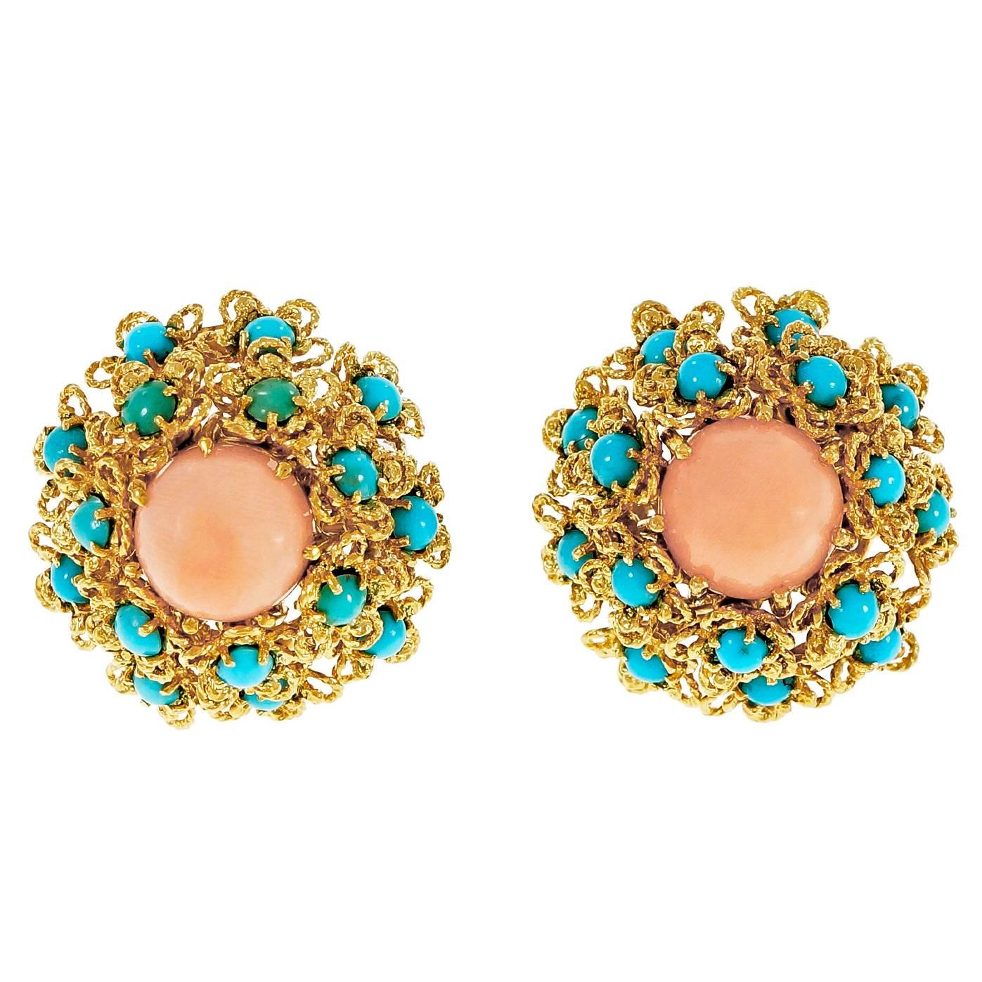 Coral Turquoise Dome Button Cluster Gold Earrings 