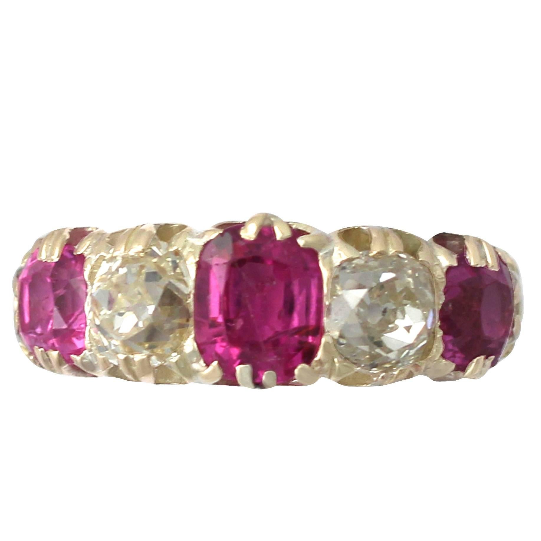 1860s Antique 1.38 Carat Burmese Ruby and 1.12 Carat Diamond, Yellow Gold Ring