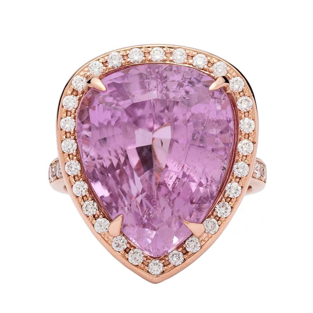 Contemporary Pear Shape Kunzite & Diamond Rose Gold Ring
