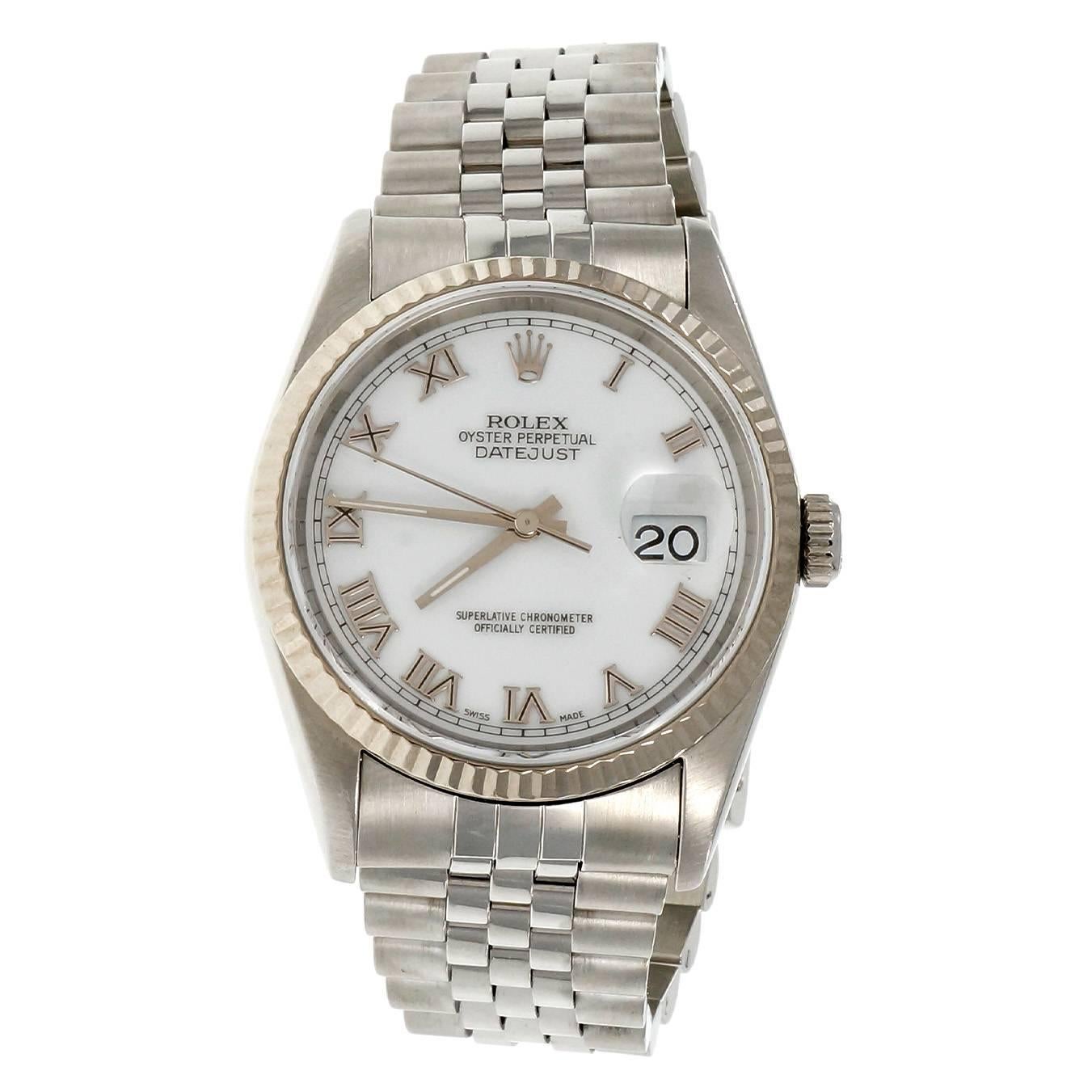 Rolex Steel Datejust White Dial Roman Numeral Wristwatch ref 16234
