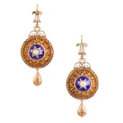 Fine Victorian Drop Earrings with Enamel & Pearl Star Motif