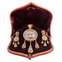 Antique Victorian Cherub Motif Micromosaic Gold Pin Pendant Earrings Suite