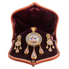 Antique Victorian Cherub Motif Micromosaic Gold Pin Pendant Earrings Suite 9