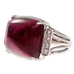 Sugar Loaf Cabochon Red Tourmaline Rubellite Diamond Platinum Cocktail Ring 12