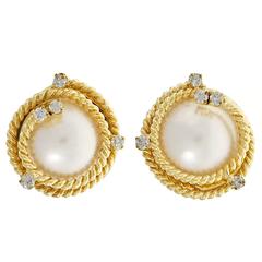 Mabe Cultured Pearl Diamond Gold Swirl Earrings 