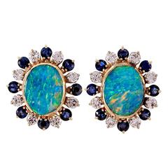 Boulder Opal Sapphire Diamond Gold Clip Post Earrings 11