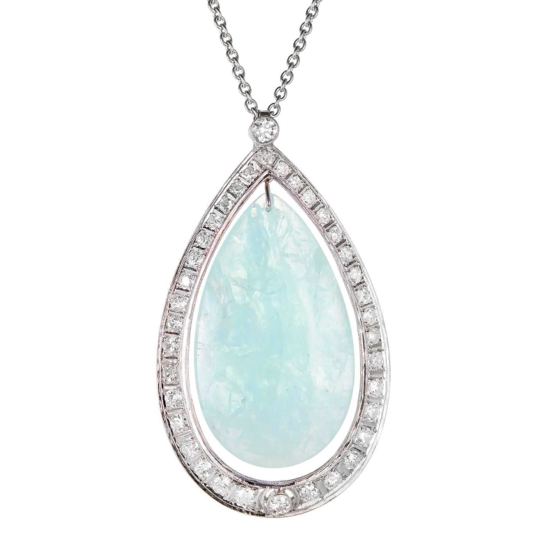 75.00 Carat Aquamarine Diamond Halo Platinum Pendant Necklace