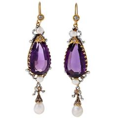 English Antique Amethyst, Pearl, Diamond, Enamel and Gold Earrings