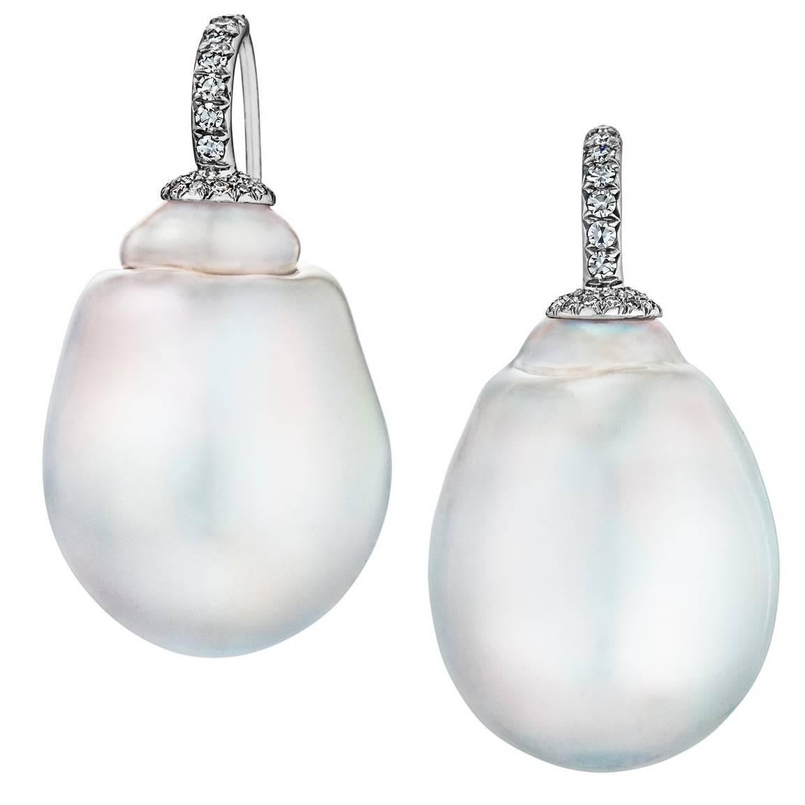 Large South Sea Pearl Diamond and Platinum Handmade Earrings