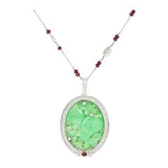 Carved Jade Ruby Diamond Gold Pendant and By the Yard Style Chain 8
