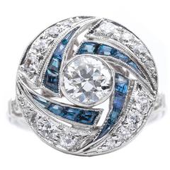 Unique Art Deco Sapphire 0.67 Carat Diamond Pinwheel Ring in Platinum