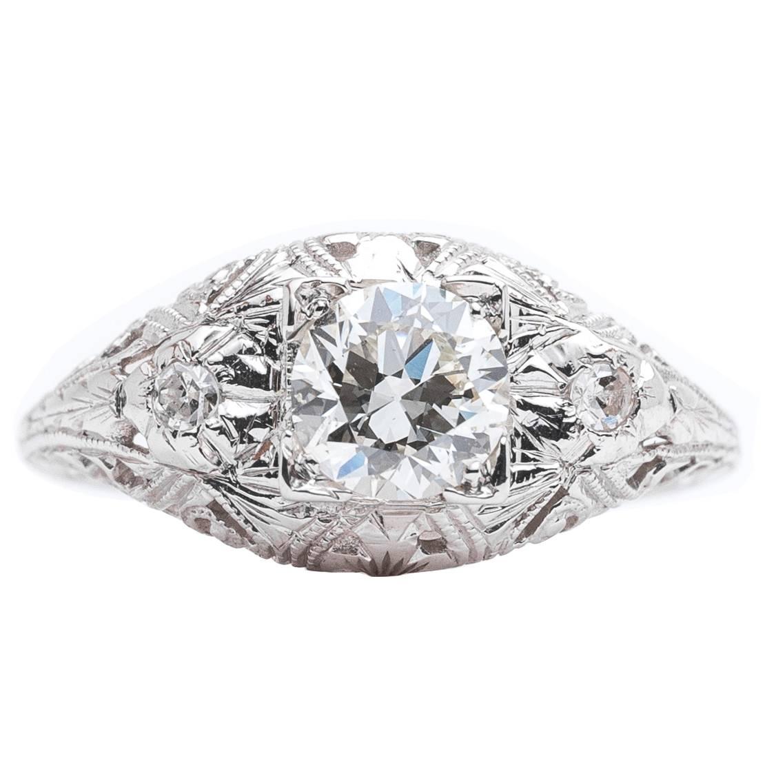 Art Deco Hand Engraved 0.75 Carat Diamond Filigree Engagement Ring in Platinum For Sale