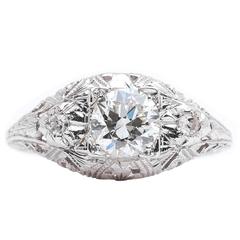Antique Art Deco Hand Engraved 0.75 Carat Diamond Filigree Engagement Ring in Platinum