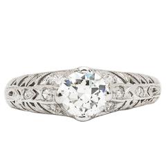 Hand Engraved Art Deco 0.82ct Diamond Engagement Ring in Platinum