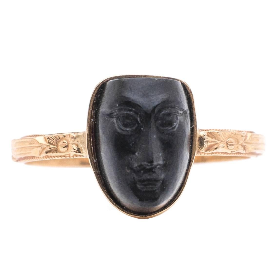 Egyptian Revival Art Nouveau Carved Jet Figural Ring For Sale