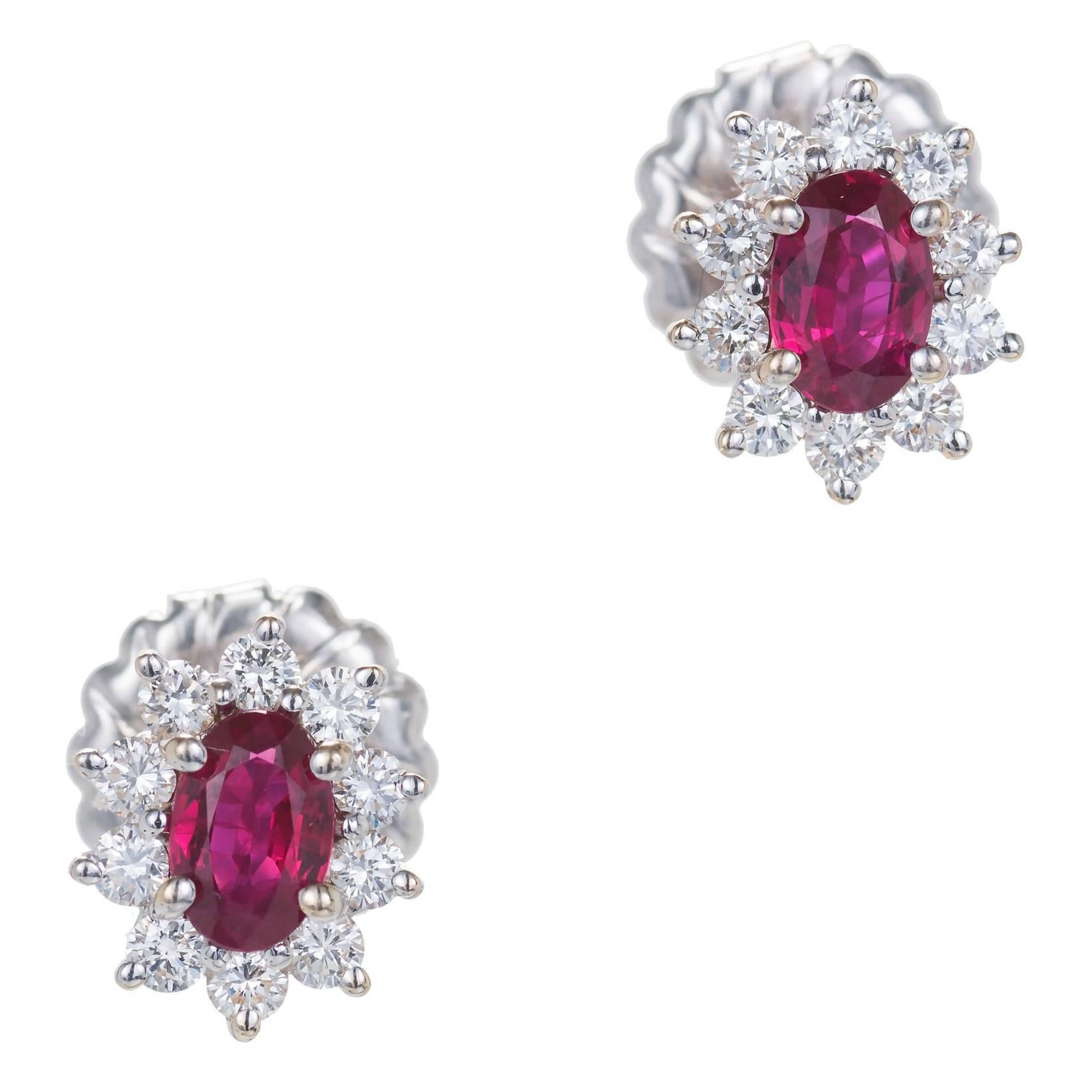 1.30 Carat GIA Certified Ruby Diamond Halo Gold Cluster Earrings
