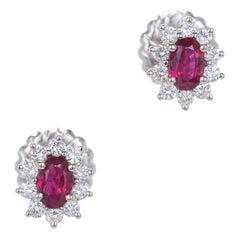 Vintage 1.30 Carat GIA Certified Ruby Diamond Halo Gold Cluster Earrings